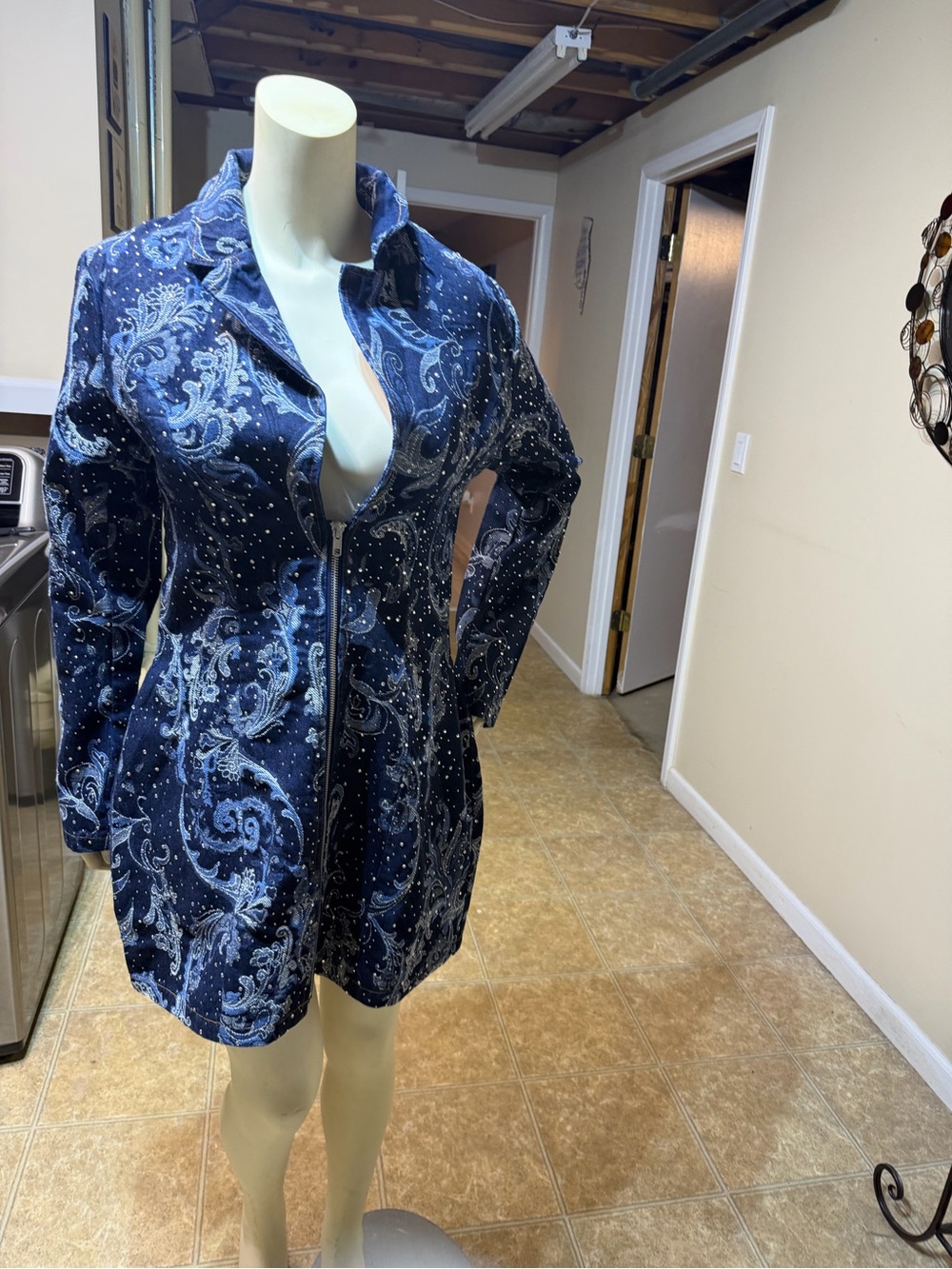 AKIRA Navy Blue Paisley Zip-Front Blazer Dress with corset back